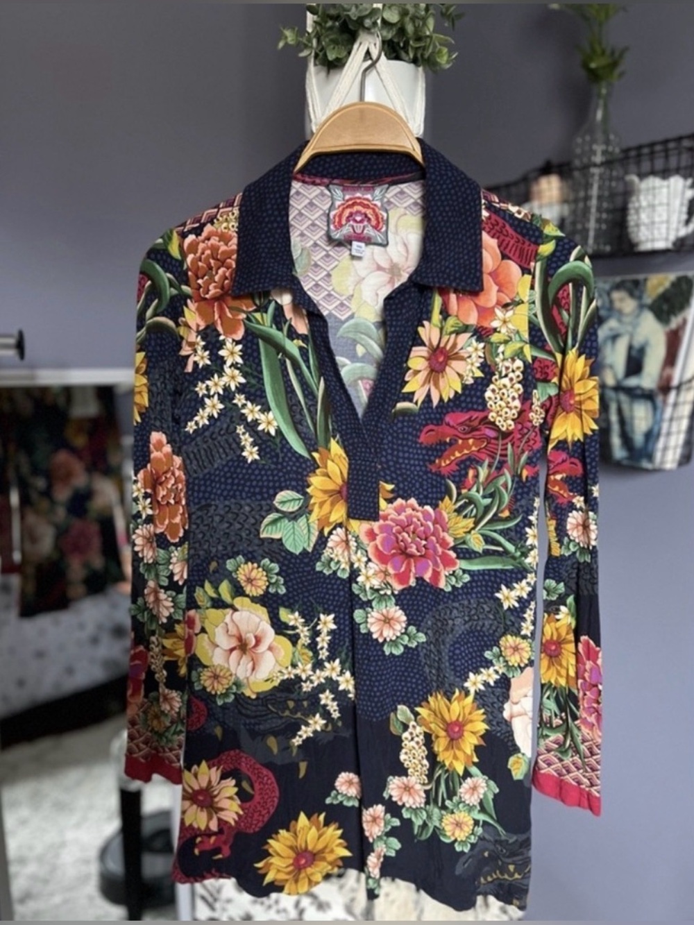 Johnny Was The Janie Favorite Long Sleeve Polo Swing Tunic in Blue Floral XXS - Picture 7 of 10